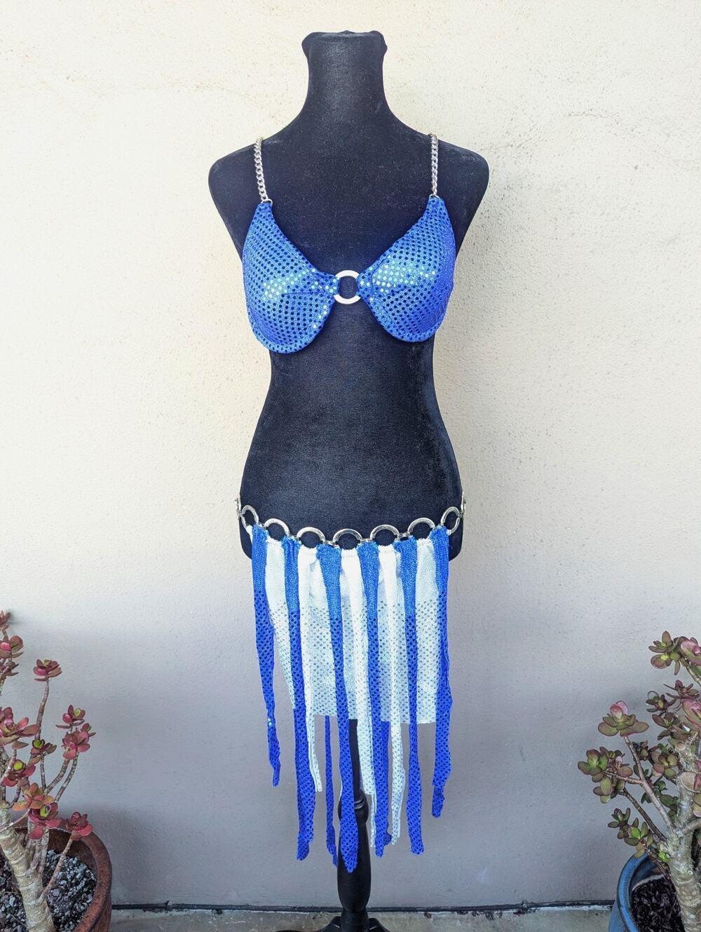 πHandmade Blue Silver Sequin Warrior Costume Set